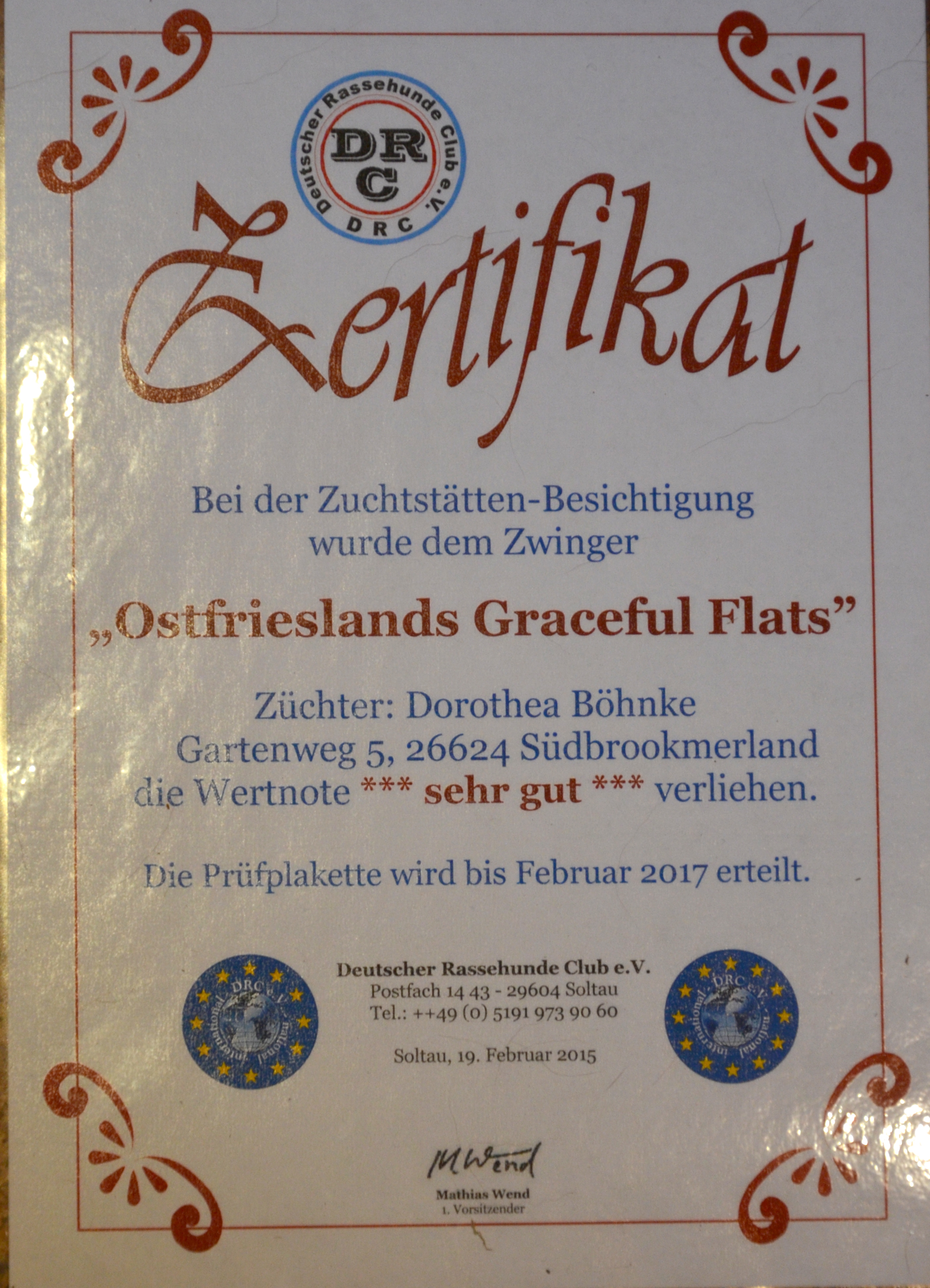 Zuchtst�tten Zertifikat 2015